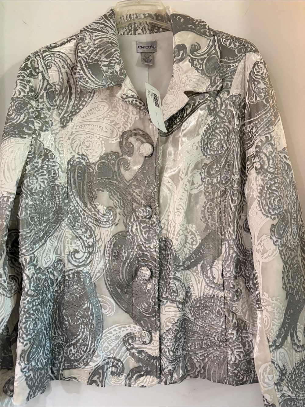 NWT Chico's Silver & White Paisley Frost Patience Button-Front Jacket XL Lined 3